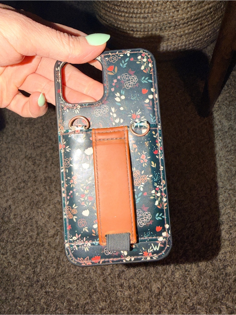 Wallis Dark Teal Floral Wallet Case with Brown Hand Strap